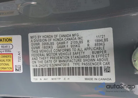 2022 Honda Civic Si Sedan z USA, uszkodzony, nr VIN 2HGFE1E50NH470815